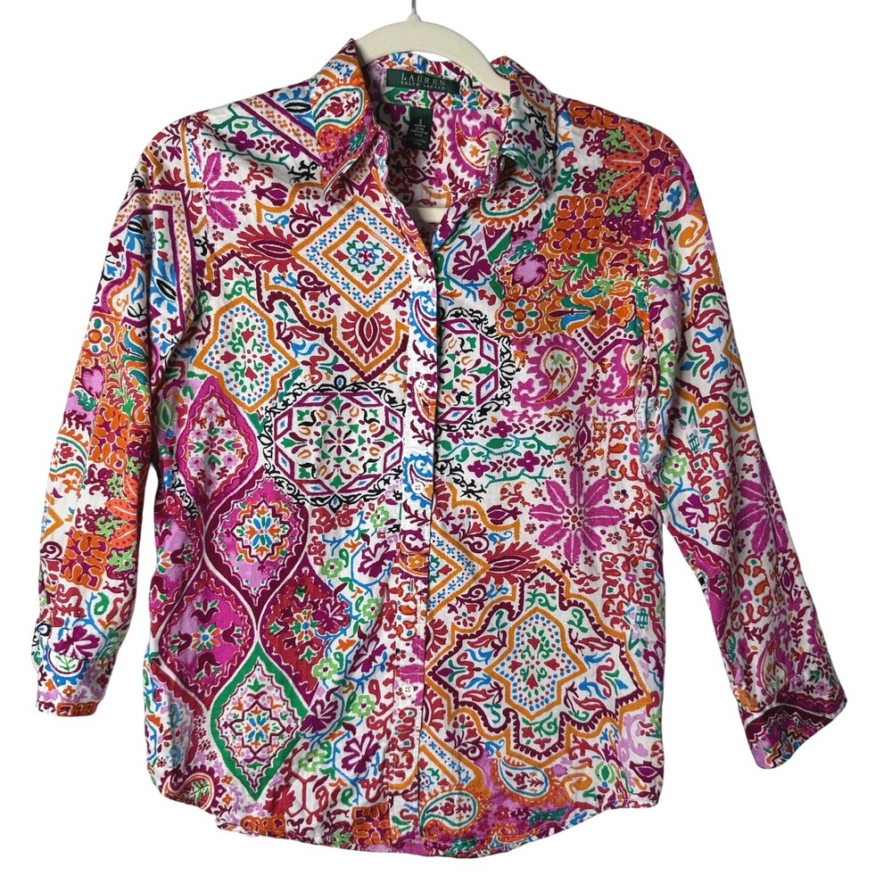 Lauren‎ Ralph Lauren Button Shirt S Pink Paisley Multicolor Boho Cottage Preppy